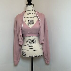Set Better Together Pink Waffle Knit Cropped Hoodie Sweatshirt‎ Long Sleeve Sz M